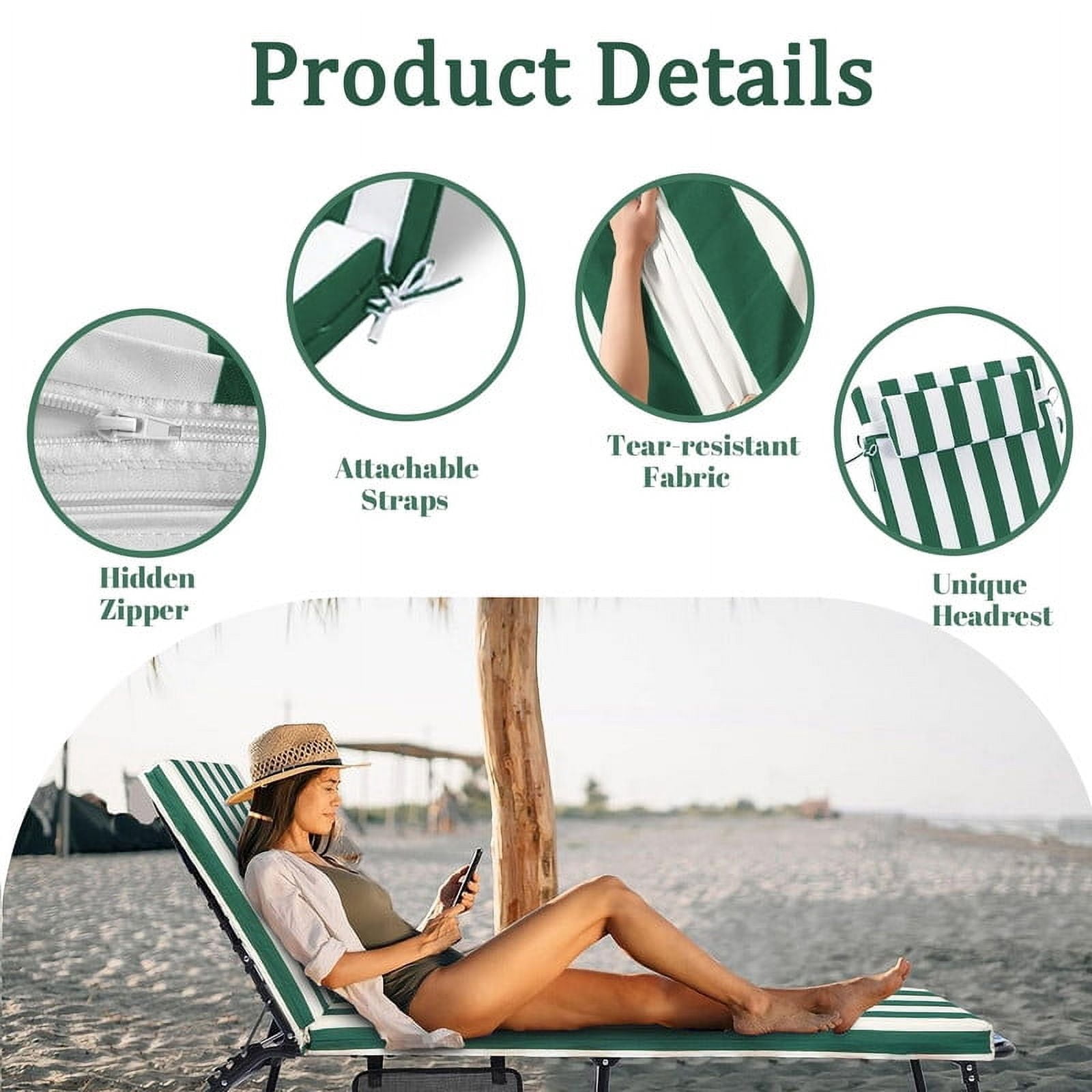 Outdoor Chaise Lounge Chair Cushion, Replacement Cushions For Patio Furniture, Waterproof Pool Chair Cushions With Headres, Fade Resistant Sun Lounger Cushions（2pc Green and white）