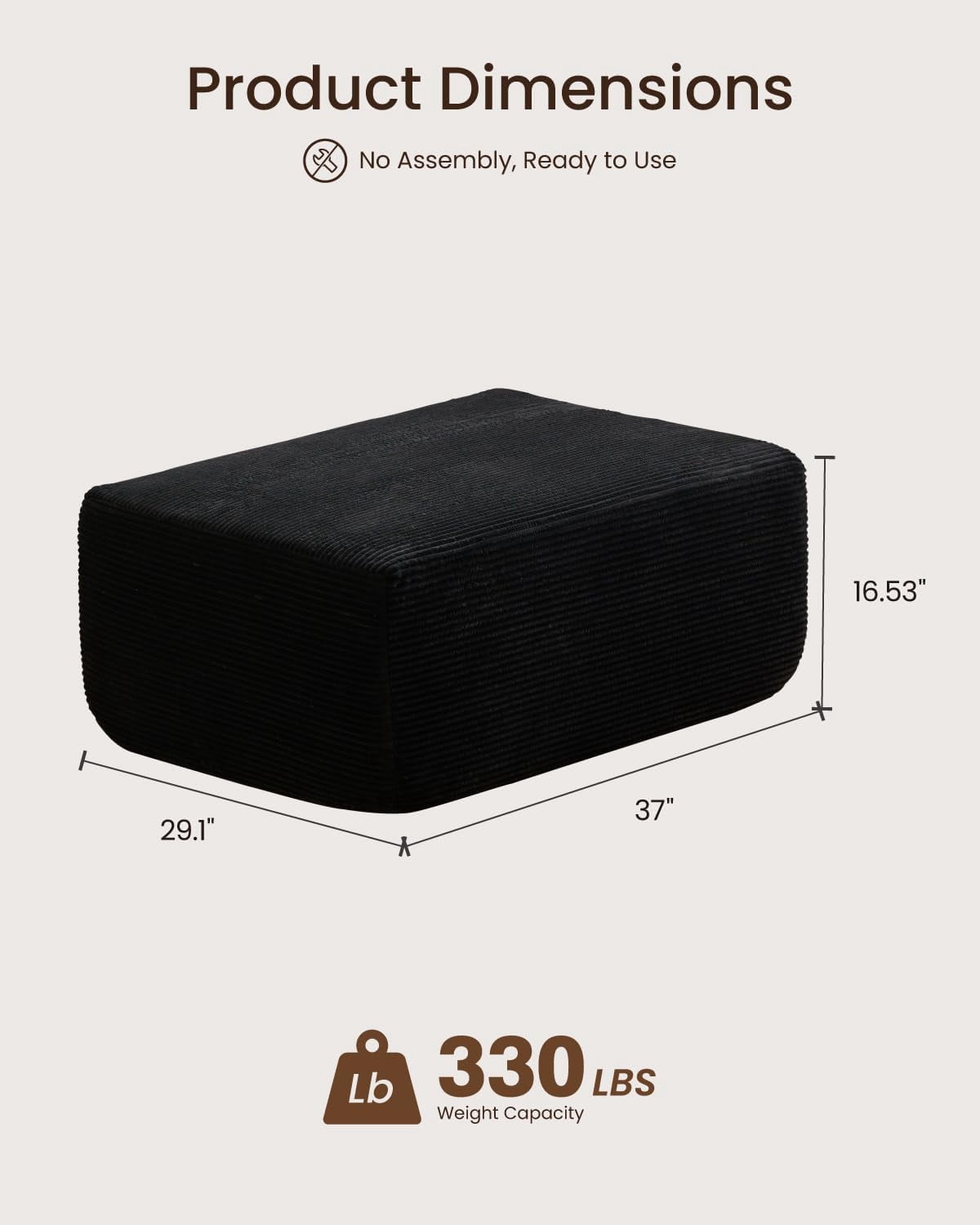 Howcool Oversized Corduroy Ottoman Bench for Living Room, Rectangle Plush Footrest Pouf, Extra Seating & Coffee Table for Sofa, Compressed Memory Foam, No Assembly Required, Black