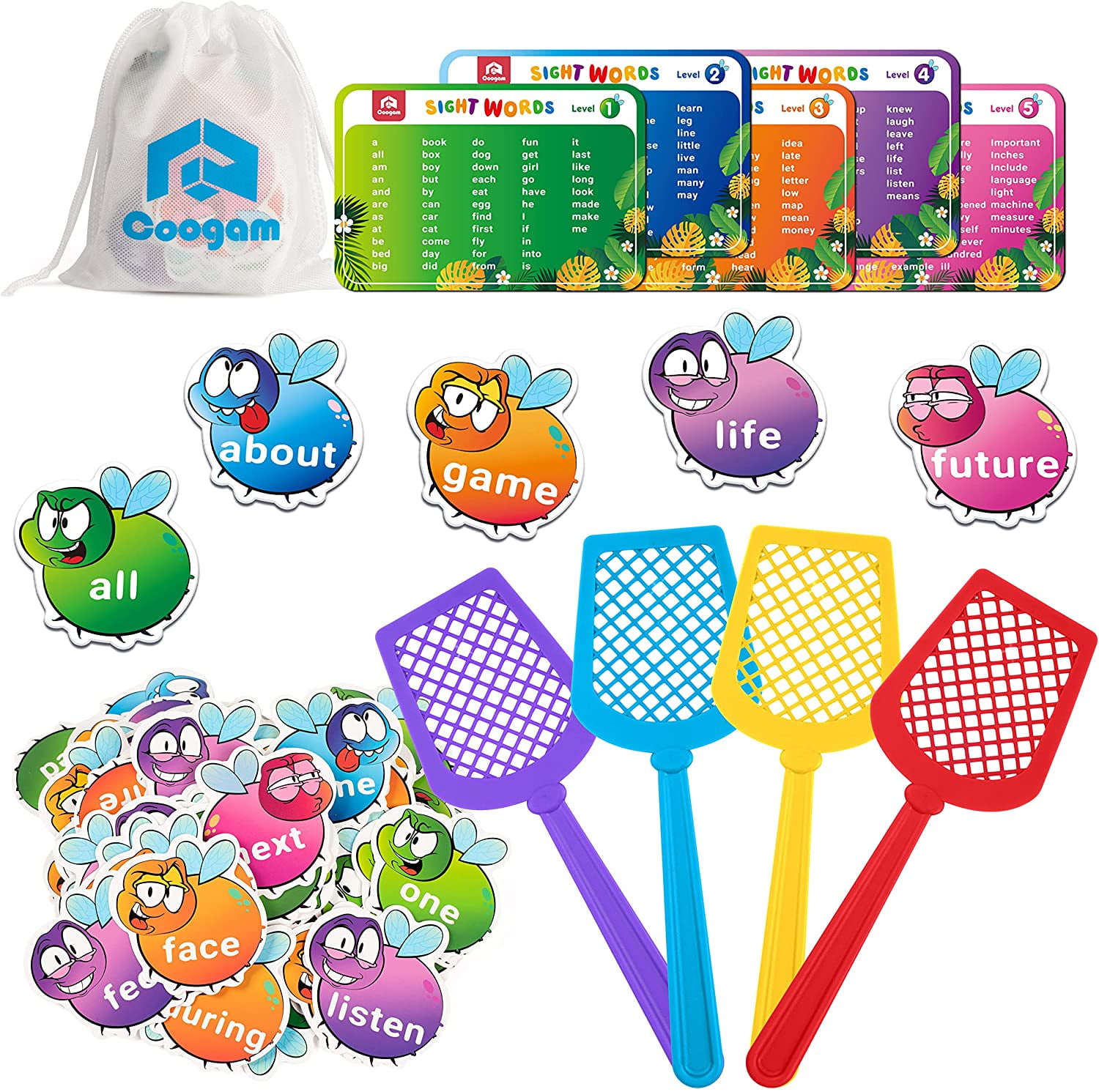 Coogam Sight Words Swat Game with 400 Fry Site Words and 4 Fly Swatters Set, Literacy Learning Reading Flash Cards Toy Games for Kindergarten,Home School Kids 3 4 5 Year Old