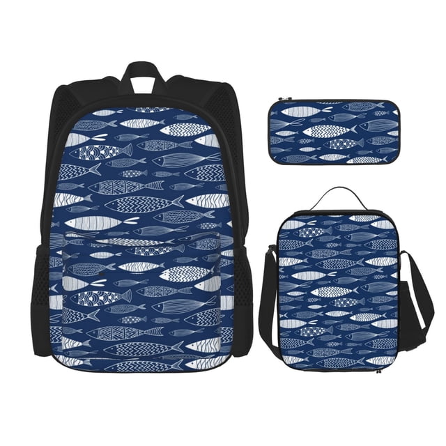 Easygdp Ornamental Fish Mochila para Niños y Niñas con Set de Caja de Almuerzo y Estuche para Lápices 3 en 1, Mochila Escolar Estampada para Adolescentes