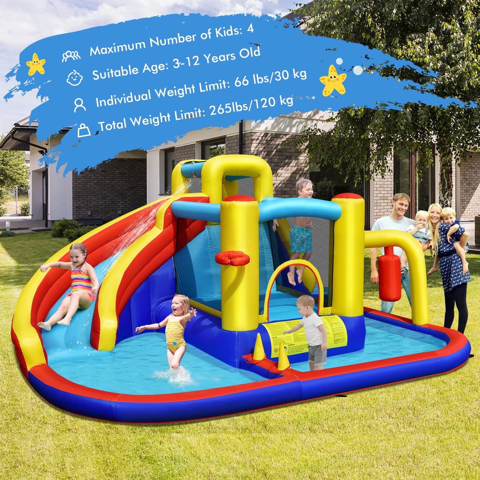 Infans 7-in-1 Inflatable Water Slide Water Park Kids Bounce Castle With 735W Air Blower
