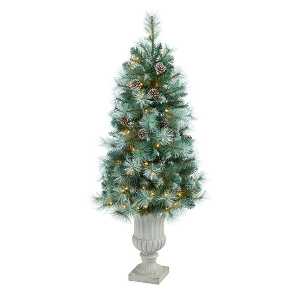 4.5ft. Frosted Tip British Columbia Mountain Pine Artificial Christmas Tree with 100 Clear Lights, Pine Cones and 228 Bendable Branches in Decorative Urn