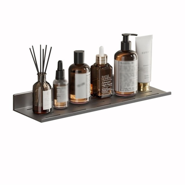 Estantes flotantes for baño, de aluminio, sin necesidad de taladrar, con borde y orificios de drenaje.