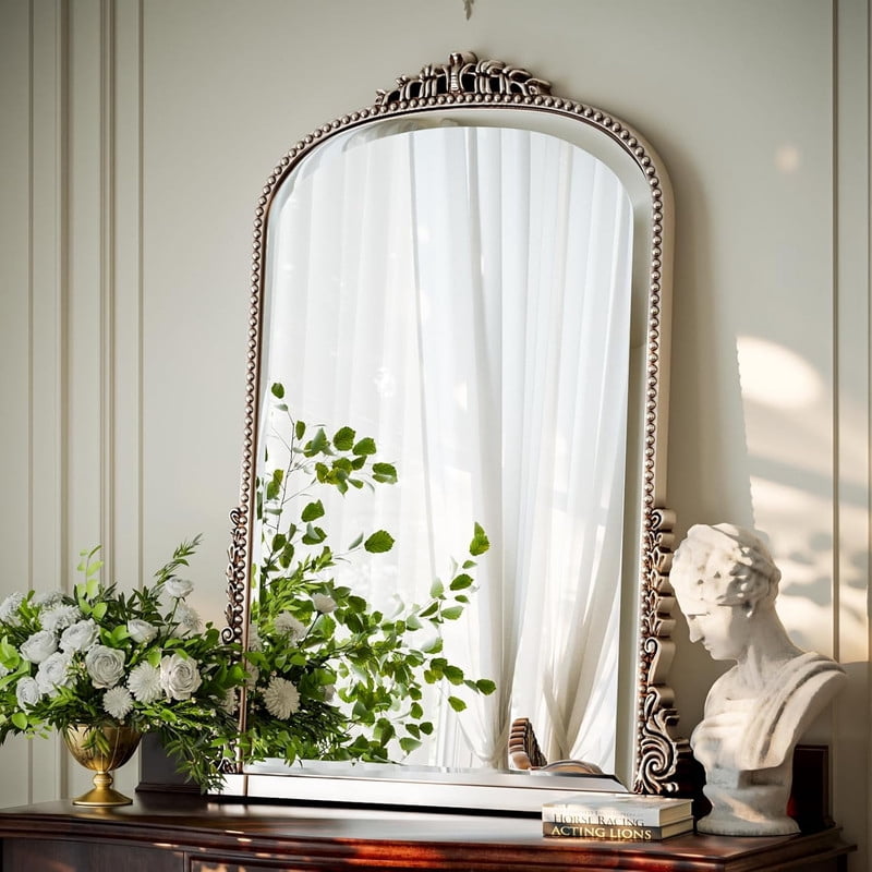 Gleamira 40"x 28" Antique Arched Bathroom Mirror Vanity Mirror Decor Wall Mirror, Antique Silver