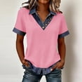 thumbnail image 2 of Women’s Short Sleeve Button Down Denim Collar V Neck Casual Top Contrast Trim Loose Fit Blouse Shirt Pink S, 2 of 6