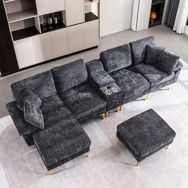 Noble House Canapé Sectionnel en Forme de U en Forme de Nuage, Équipé d'Un Fauteuil Inclinable Simple et d'Un Repose-Pieds Mobile, interface USB, Gris
