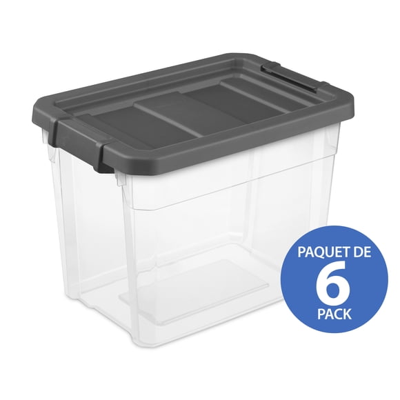 Sterilite 28 Liter Stacker Box, Durable Clear Plastic Storage Bin with Latch Lid, Dark Gray, 6 Pk