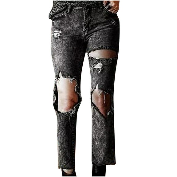 Womens Jeans Wide Leg Jeans Ripped Flare Jeans Pants Casual Destroyed Distressed Bottom Denim Pants Jeans For Women Black,8