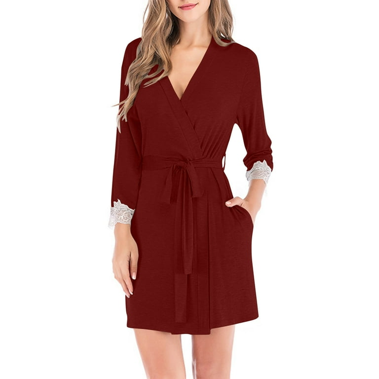 TEAJOPSUU Silk Robes Set for Women Short Satin Robe One Piece Lace  Sleepwear with Tie Belt Comfortable Loungewear Burgundy - Walmart.com