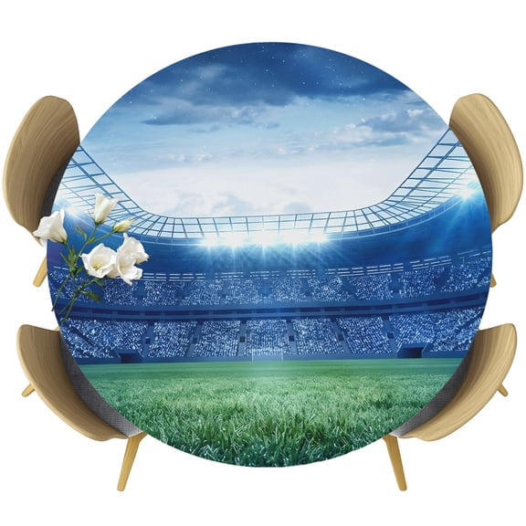 Football Stadium Round Tablecloth 36-44 Inch Round Fitted Table Cloth with Elastic Edge, Blue Green Sport Modern Art Waterproof Table Cover Protector for Outdoor Picnic Party Dining