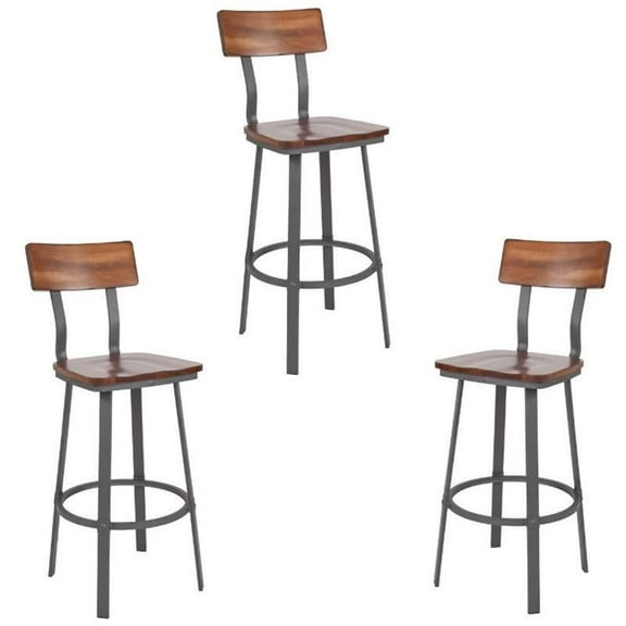 Home Square 3 Piece 30" Metal Bar Stool Set in Rustic Walnut and Gray