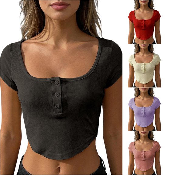 XIAONU Women Solid Crop Henley Top Short Sleeve Square Neck Slim Fit Daily Blouse
