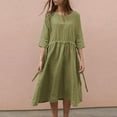 thumbnail image 2 of Birdeem Robe d'Été Ample pour Femme en Coton et Chanvre à Col en V, Manches Trois Quarts, Robe à Cordon, Jupe, 2 of 7