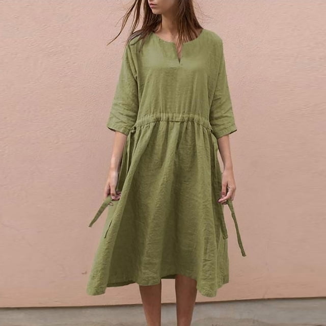 SMihono Robe d'Été Grande Taille pour Femmes 2023 Robe d'Été Ample Coton Chanvre Col en V Manches Trois Quarts Robe à Cordon Jupe