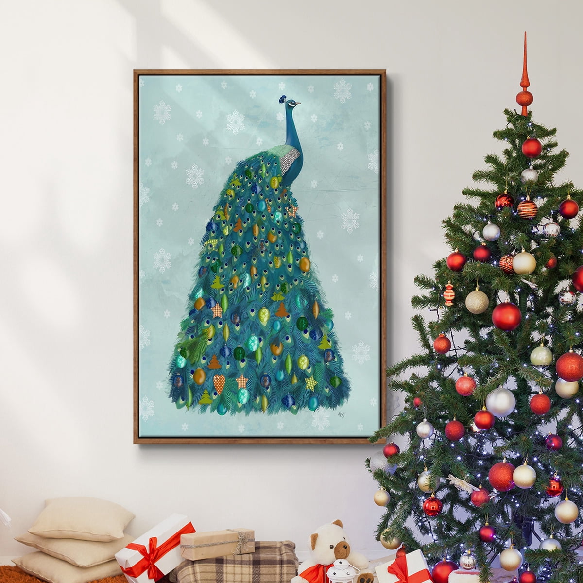 Christmas Peacock Christmas Tree - Framed Gallery Wrapped Holiday Canvas - 25 x 37 - Rosewood Frame
