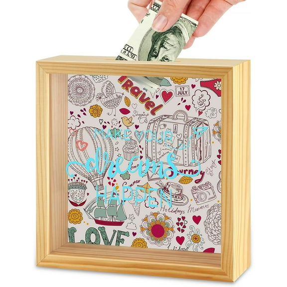 Piggy Bank Wooden Money Coin Bank for Boys and Girls. Coin Bank Money Bank. Natural Wood Money Box. Printed on The Plexiglass Front-Make Your Dreams Happen.