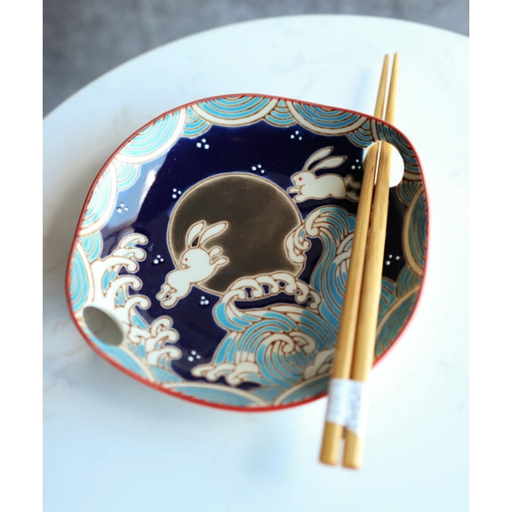 Rabbits By Black Moon Small Appetizer Coupe Plate Flat Bowl With Chopsticks Set