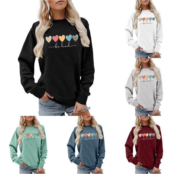 Daznico Women's Classic Ribbed Crew Neck Pullover Sweatshirt Multi Pattern Heart Graphic Drop Shoulder Long Sleeve Soft Loose Top for Daily,S