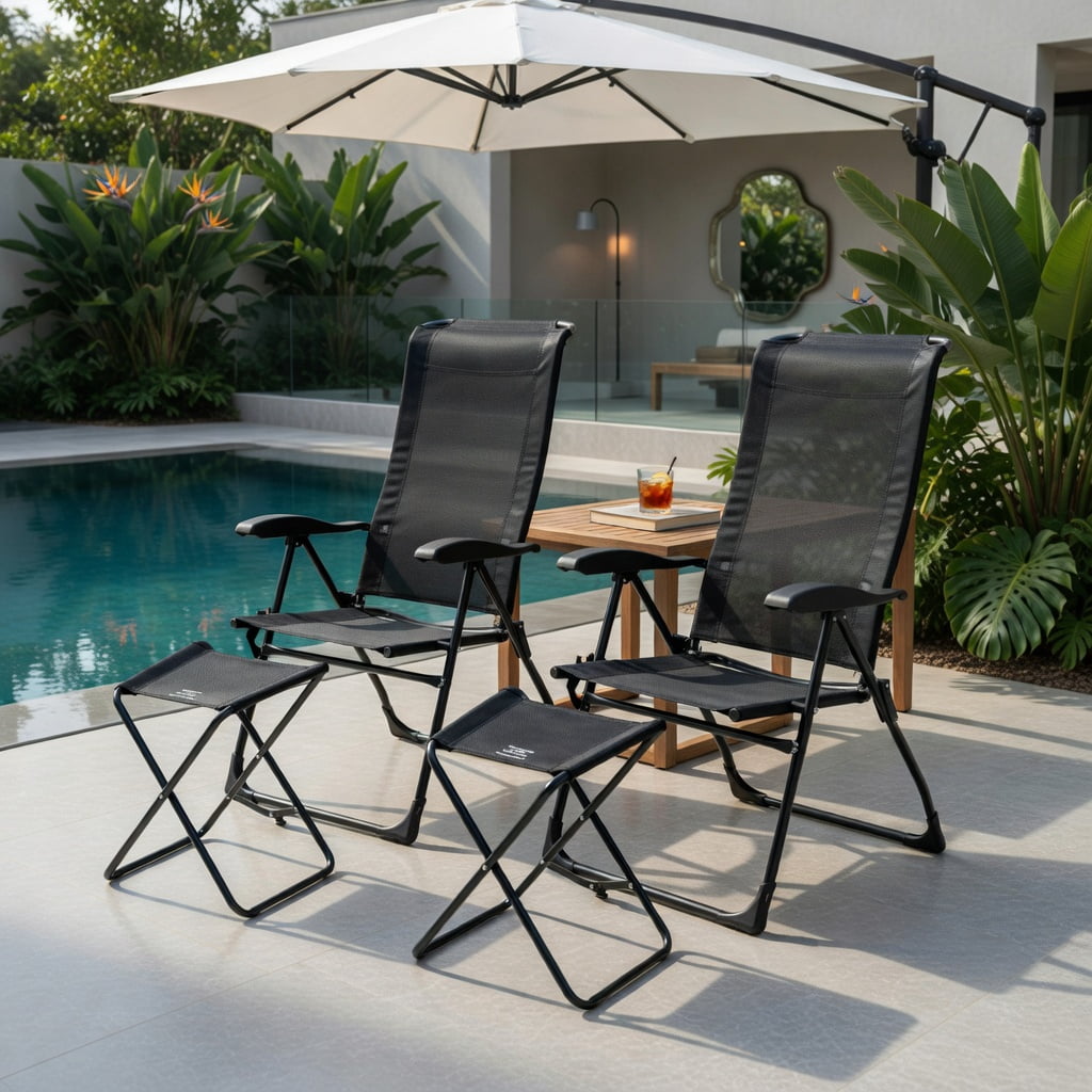 Hommoo 4-Piece Adjustable Reclining Patio Chair & Ottoman Set, Folding Outdoor Dining Chairs with 7-Position Backrest, Steel Frame, Breathable Mesh, for Backyard, Garden, Poolside, Black
