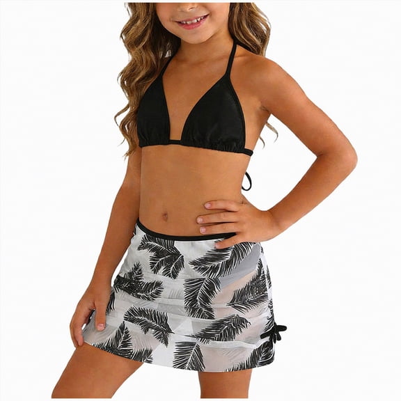 CAICJ98 3 Piece Swimsuits for Girls 2026 Summer Bikini Sets with Tropical Print Skirt Sets Beach Bathing Suits for Teen Girls Swimwear (Black,13-14 Years)