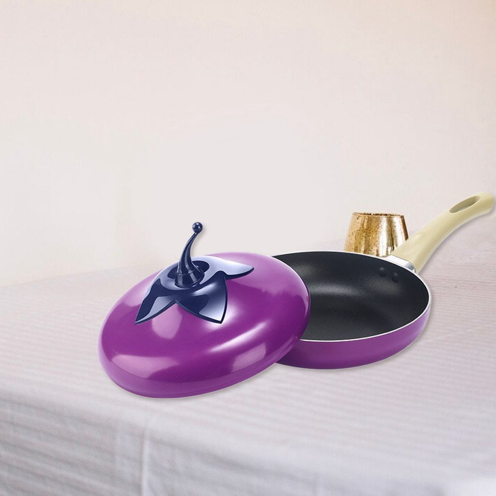 Jiibva 1Pc Purple Eggplant Shape Non Stick Skillet Frying Pan with Lid for Home Induction Cooker