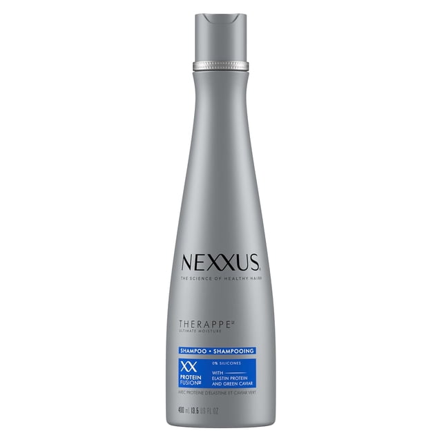 therappe shampoo ultimate moisture for dry hair silicone-free 13.5 oz botella plateada alta vista frontal con logotipo NEXXUS, rótulo azul que indica 'shampoo' y 'sin siliconas', tapa abatible arriba y envase mate liso; formulado para hidratación profunda en cabello seco y a menudo usado con acondicionador Humectress.