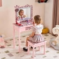 thumbnail image 2 of Kids Vanity Set with Mirror, Zebra Pattern Kids Table and Chairs with Three-Color Adjustable LED, Girls Vanity for Toddler 3-6 Years, Pink, 2 of 10