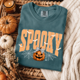 thumbnail image 2 of Spooky Pumpkin Halloween T-Shirt, Retro Bat Spiderweb Graphic Tee, Cute Fall Season Shirt, Vintage October Apparel Gift for Her - Blue Spruce, XL, 2 of 5