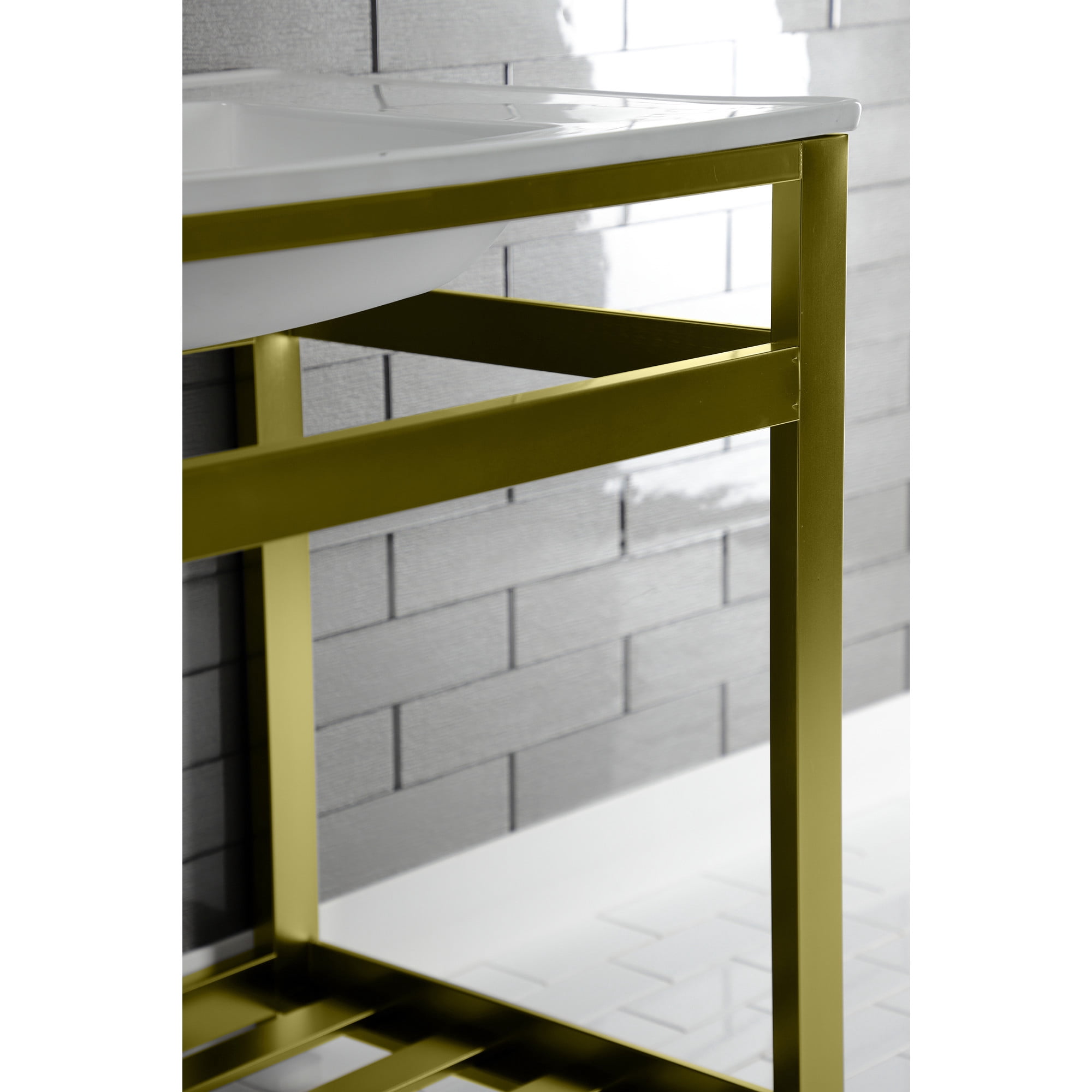 Kingston Brass VWP3122A7 Quadras 31" Ceramic Console Sink with Steel Base and Shelf (1-Hole), White/Brushed Brass