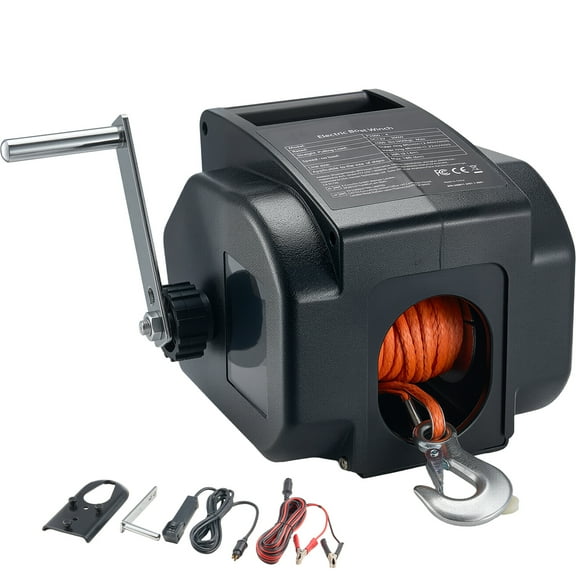 KFFKFF Electric Boat Winch, 12V DC 300W, Reversible Trailer Winch for Boats Up to 2000 lbs, Power-In, Power-Out, Freewheel Modes with Wired Remote Control & Manual Crank
