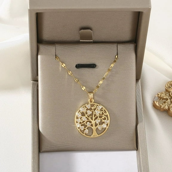 Brass Micro Pave Clear Cubic Zirconia Tree of Life Pendants 304 Stainless Steel Chain Necklaces Golden 15.67 inch(39.8cm) Pendant: 25x23x2.5mm
