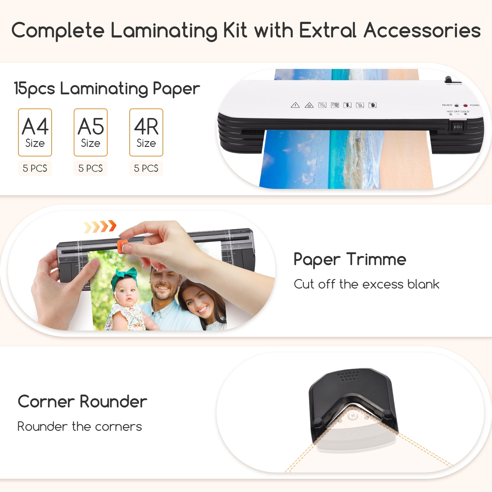 Laminator Machine, A4 Laminating Machine Hot & Cold with Paper Trimmer & Corner Rounder, 4 in 1 Laminator with 15 Laminating Sheets, 9 inch Personal Thermal Laminator for Home School Office