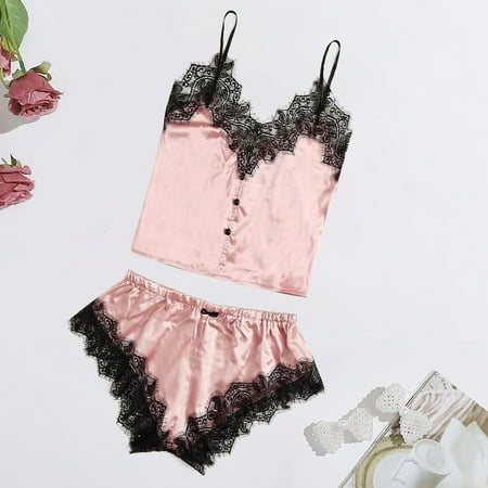 

JERDAR Pajamas for Women New Sexy Lace Lingerie Silk Underwear Sleepwear Underwear Pajamas Satin Pink M
