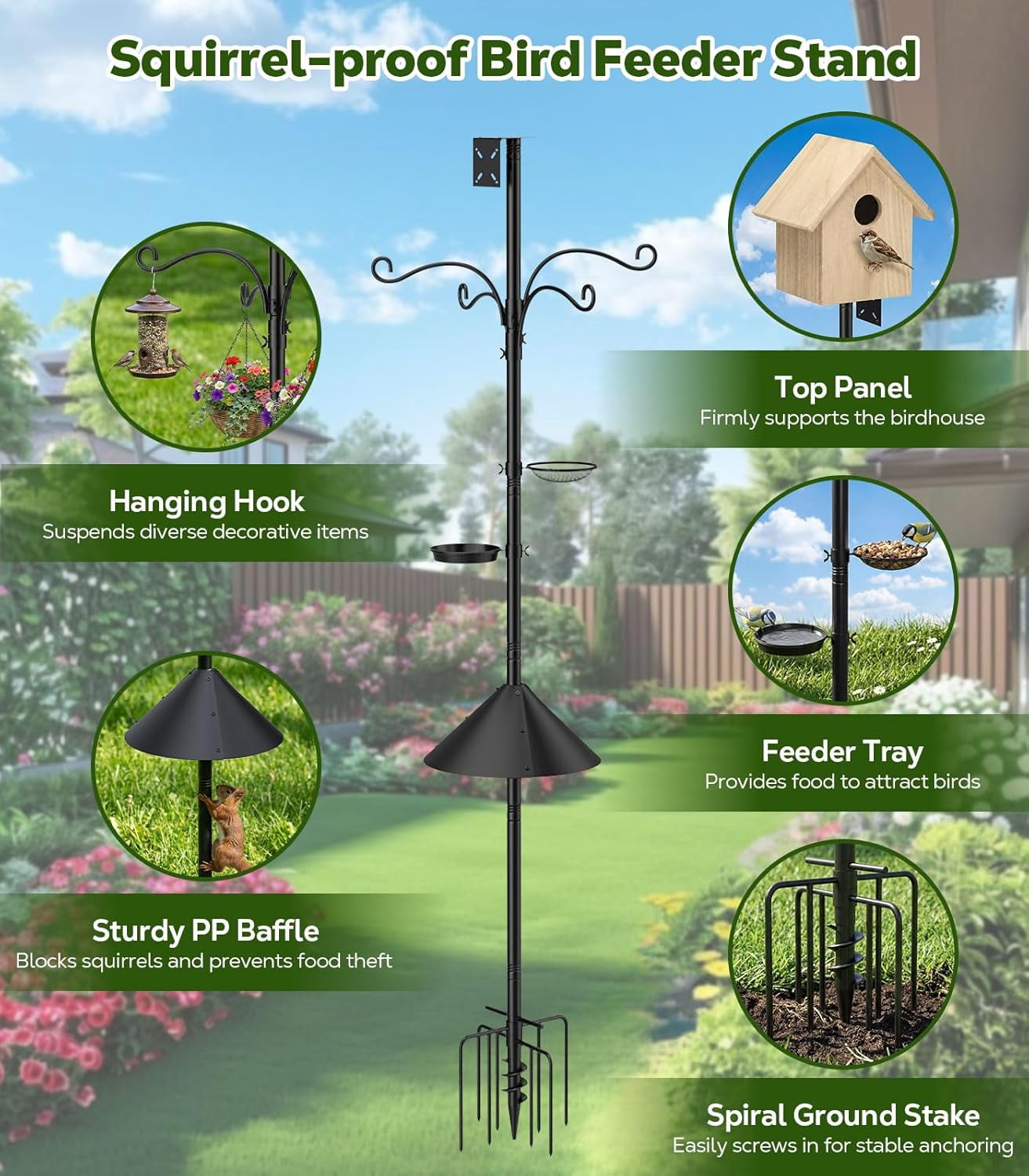 Bird Feeder Pole, 92 inch Bird Feeding Station Heavy Duty with Squirrel Baffle and 9 Prong Base, Includes Water Bowl and Mesh Tray for Feeding, for Gardens and Courtyards, No Bird House, Black
