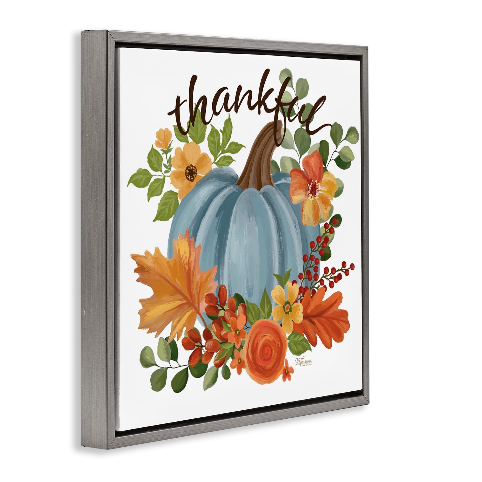 Stupell Industries Autumnal Thankful Pumpkin Holiday Painting Gray Floater Framed Art Print Wall Art, 25 x 25