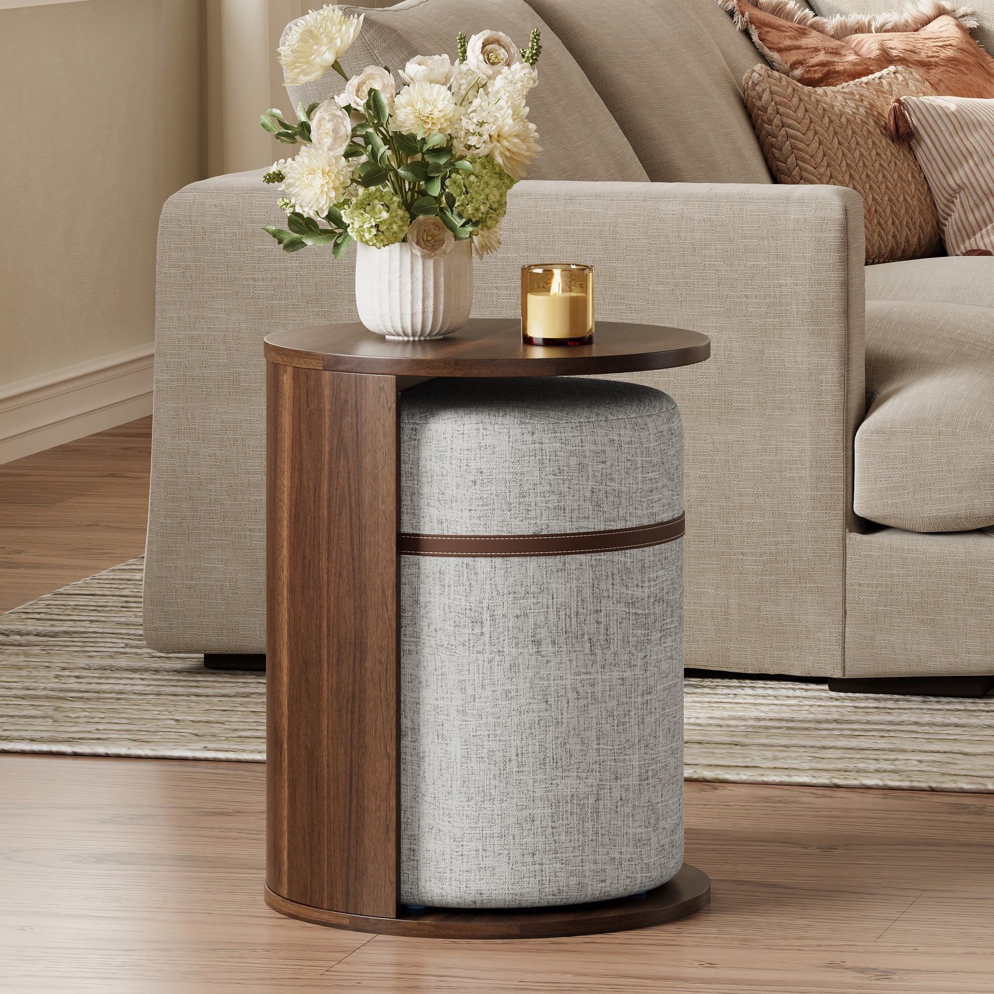 Mintazer 2‑in‑1 Round Side Table with Pull‑Out Linen Storage Stool & Open Magazine Slot, End Table for Sofa Bedroom Small Space, Walnut