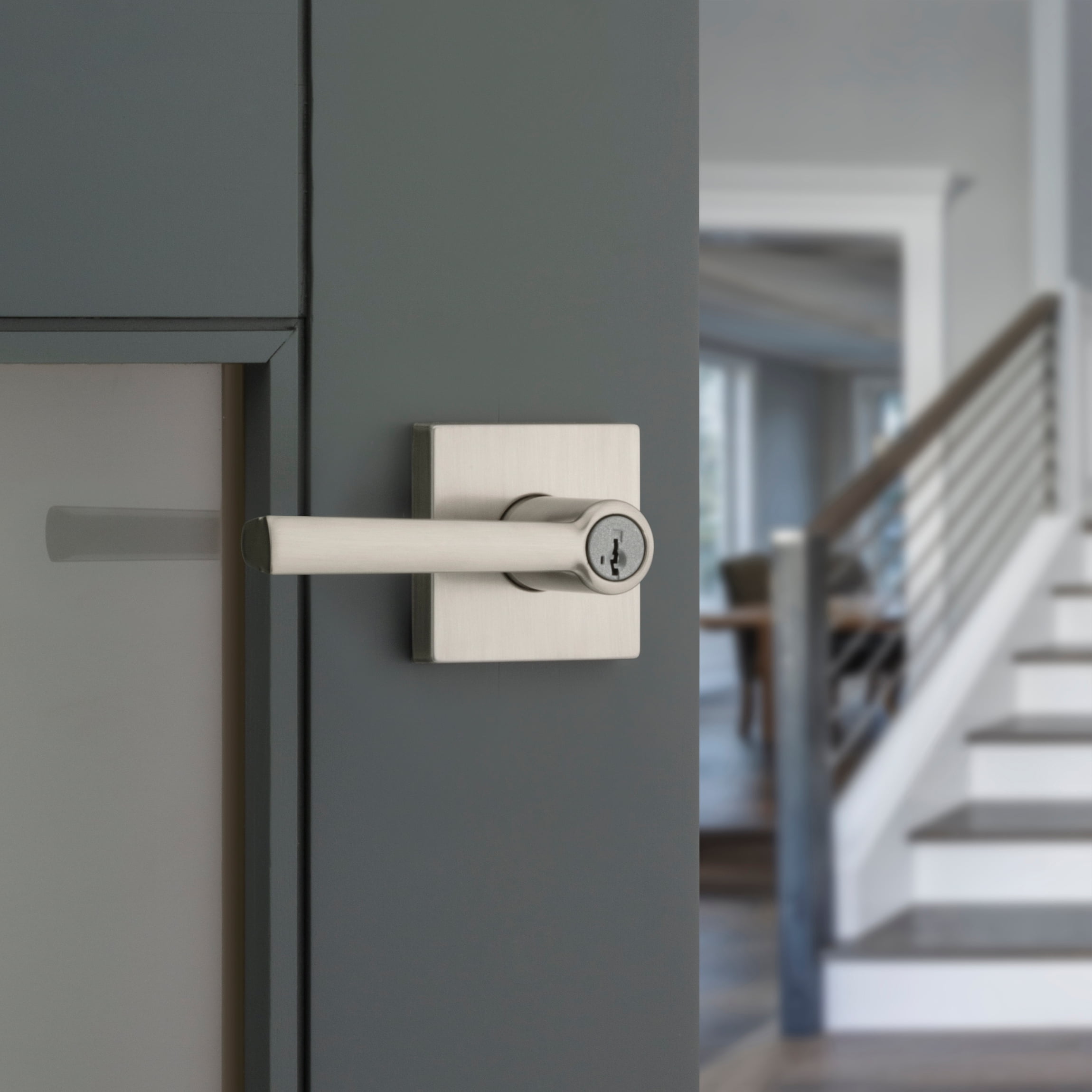 Kwikset Montreal Square Keyed Entry Lever Doorknob with Smartkey Satin Nickel