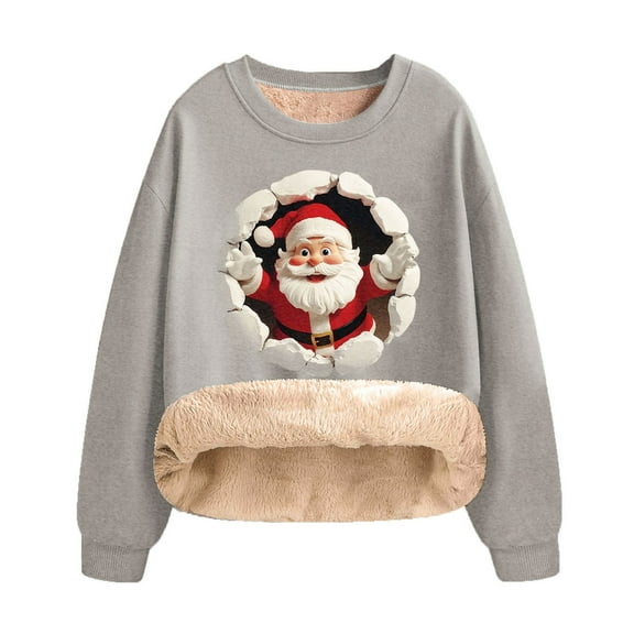 successthop Christmas Sweatshirts Women Cute Santa Fleece Plus Size Crewneck Long Sleeve Sweaters Pullover Tops Gray 4XL