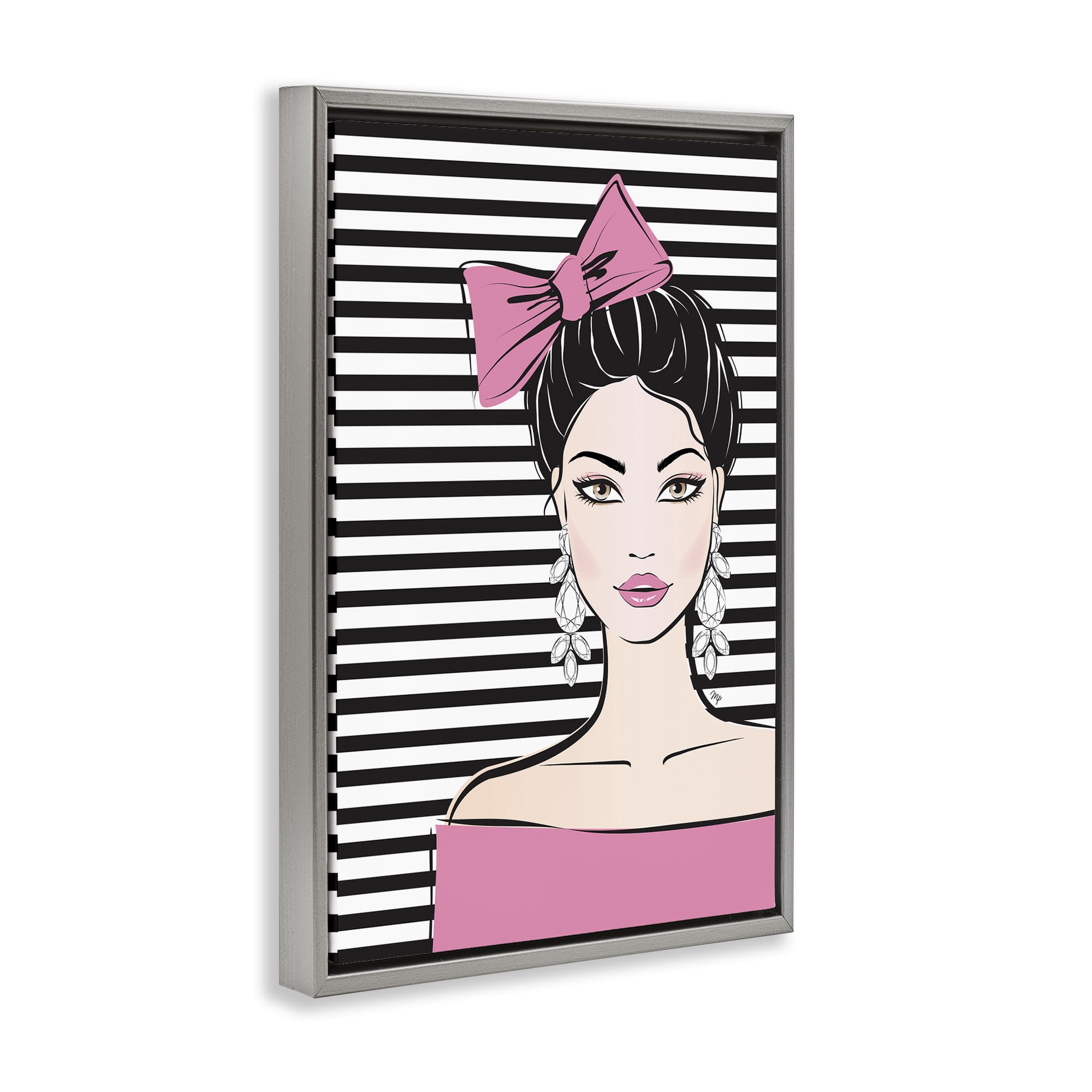 Stupell Industries Girl with Pink Bow & Earrings Gray Framed Floater Canvas Wall Art, design by Martina Pavlova