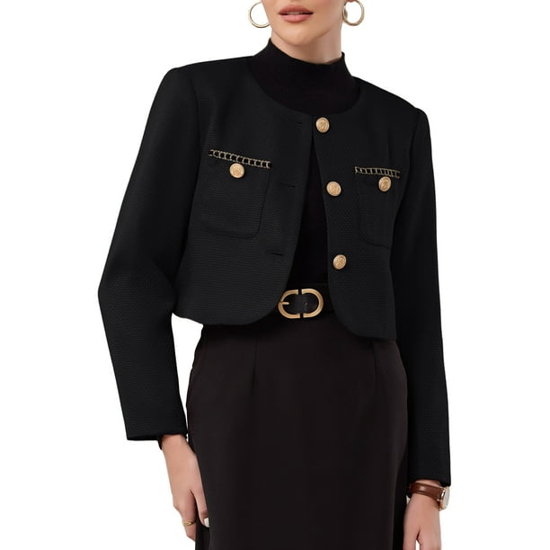 CHAQUETA CORTA DE TWEED PARA MUJER INSPIRE CHIC, CUELLO REDONDO, CIERRE DE BOTONES, MANGAS LARGAS, BLAZER CORTO DE TRABAJO, TALLA L, NEGRO