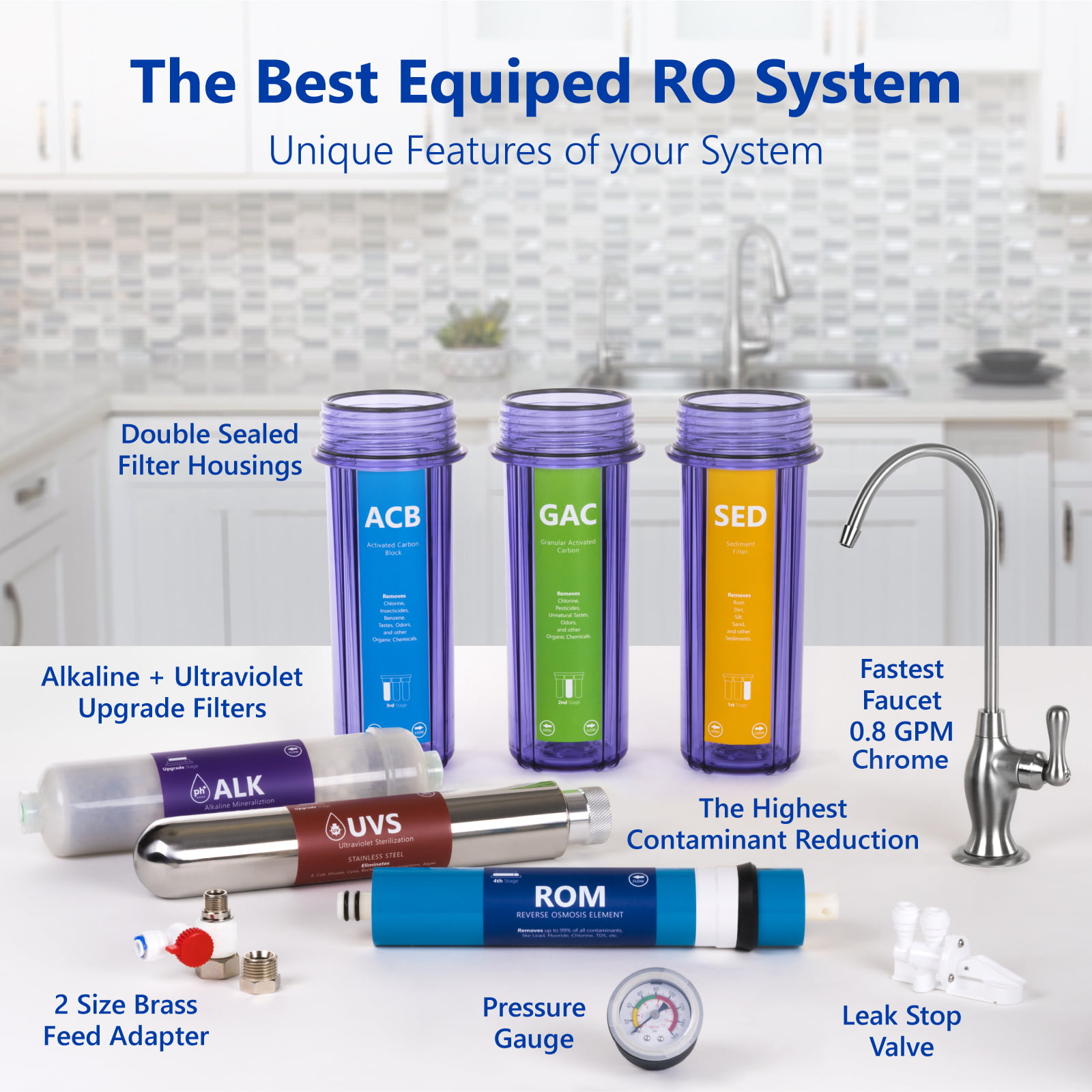 Express Water Alkaline Ultraviolet Reverse Osmosis Water Filtration System 11 Stage RO UV Mineralizing Alkaline Purifier with Faucet and Tank Mineral Antioxidant pH Under Sink Filter 100 GDP