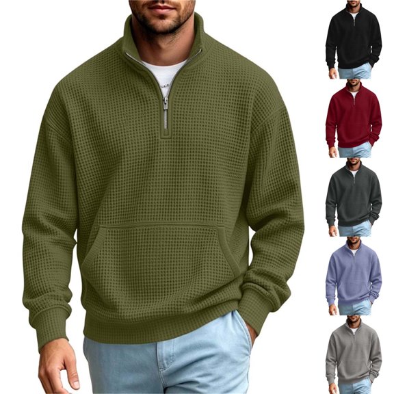 Fmbrln Fall Winter Mens Quarter Zip Sweatshirt Knit Stand Collar Long Sleeve Shirts Solid Color Pullover Tops with pocket Army Green L