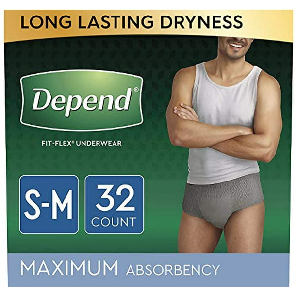 Depend FIT-FLEX Incontinence Underwear for Men, Maximum Absorbency,  Disposable, S/M, Grey, 32 Count (Packaging May Vary)