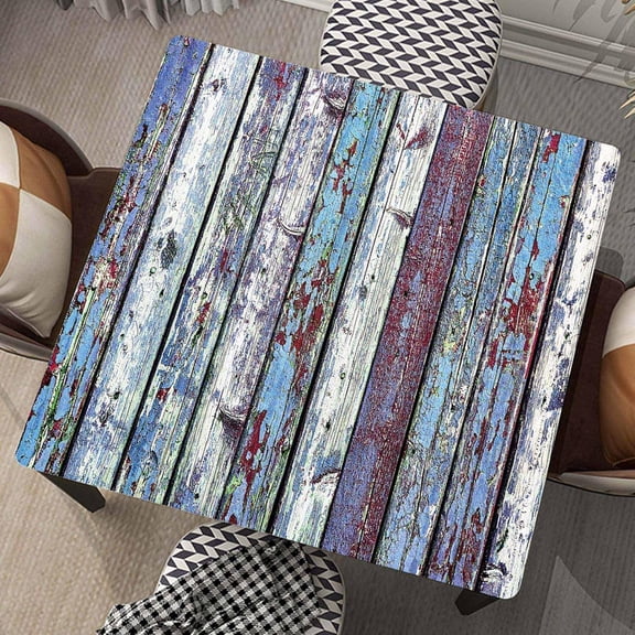 Square Fitted Table Cover Wood Grain Tablecloth with Elastic Edge Old Blue Wooden Tablecloths Waterproof Tables Cloth for Dining Kitchen Home Party Picnic, Fit for 36"x36" Tables, Style-18