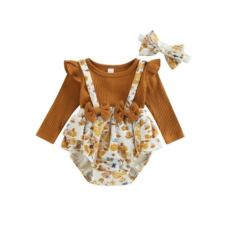 

jaweiwi Baby Girl Fall Fake-two Romper Long Sleeve Round Neck Butterfly Print Loose Buttons Short Jumpsuit + Headband Size 0 6 9 12 18 M