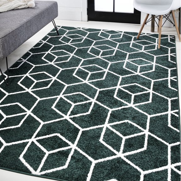 JONATHAN Y SUPERSOFT 3 x 5 Area Rug, Tumbling Blocks Modern Geometric - Green/White, SEU101D-3