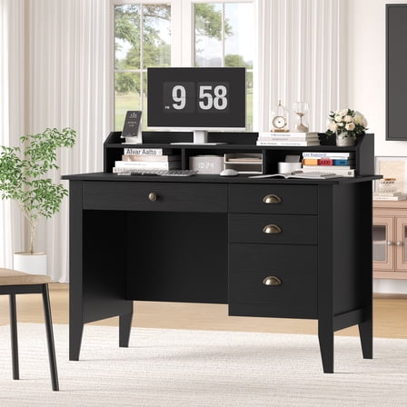 Homfa Black Computer Desk with Monitor Stand, 47in Wide Office Desk with Storage, Modern Executive Desk with File Drawers for Home & Study