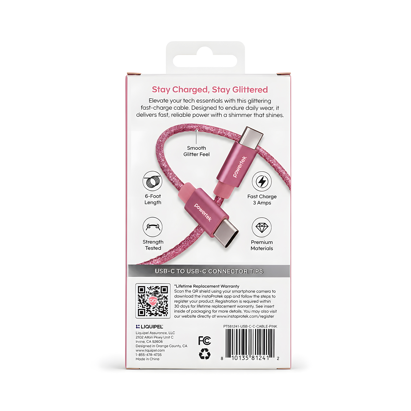 Liquipel USB-C to USB-C Cable, 6Ft, Pink Glitter photo 6