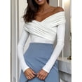 thumbnail image 2 of Honganda Women Short T-Shirts Front Cross V-Neck Off Shoulder Shirts Spring Fall Slim Fit Tops Streetwear, 2 of 5