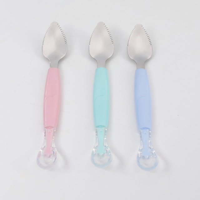 3 piezas Suplemento de alimentos para bebés Cubiertos Vajilla Cuchara de doble cabeza Cuchara de barro para rascar de acero inoxidable para niños Cuchara de silicona suave Cuchara de bebé Cuchara de JAMW Sencillez